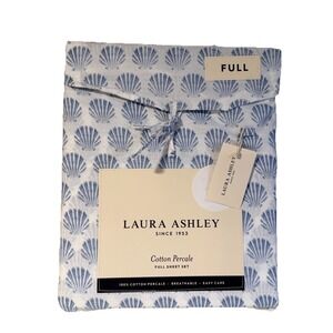 Laura Ashley FULL Blue Shell Scallops Full Sheet Set 4 PCS 100% Cotton Percale